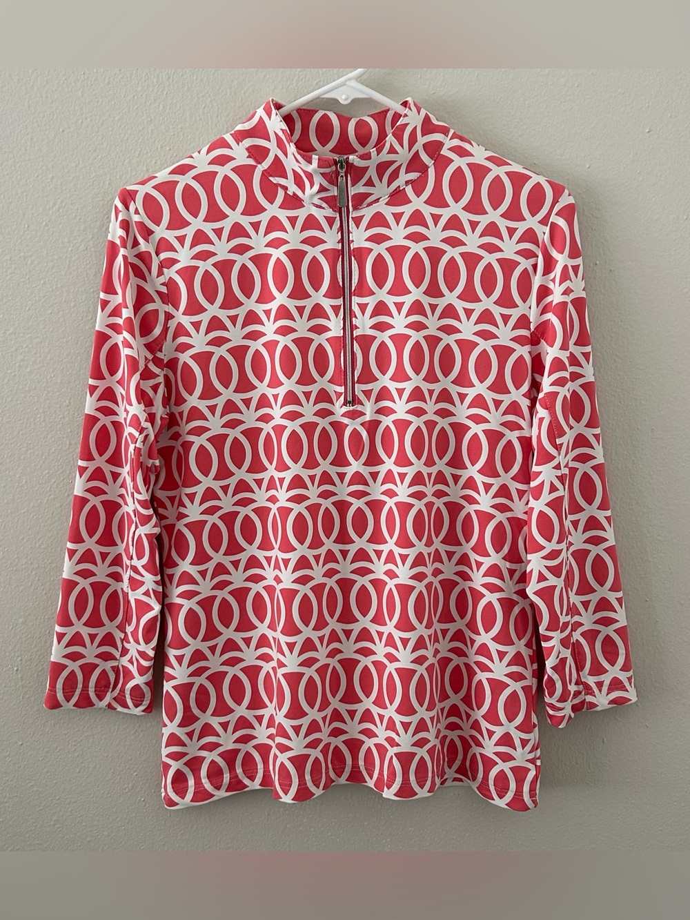 Lulu-B UPF 50+ 1/4 Zip Mock Neck Top Pink White Geo Print Womens XS Golf Preppy